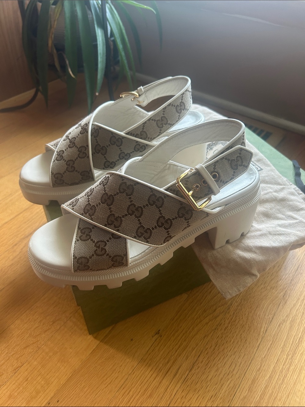 Gucci Beige Monogram Cross-Strap Sandals with Gold Buckles